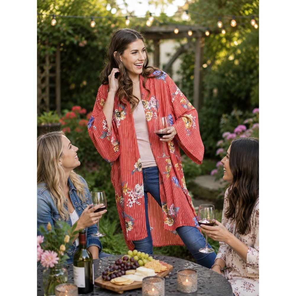 New Umgee Womans Sz M/L Boho Kimono Cover Up Top Duster Stripes Floral Red NWT